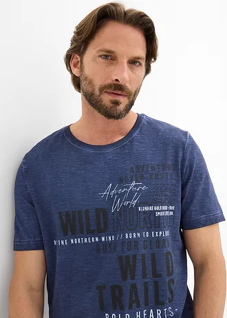 T-shirt in washed out look van biologisch katoen • indigo met print • bonprix online shop