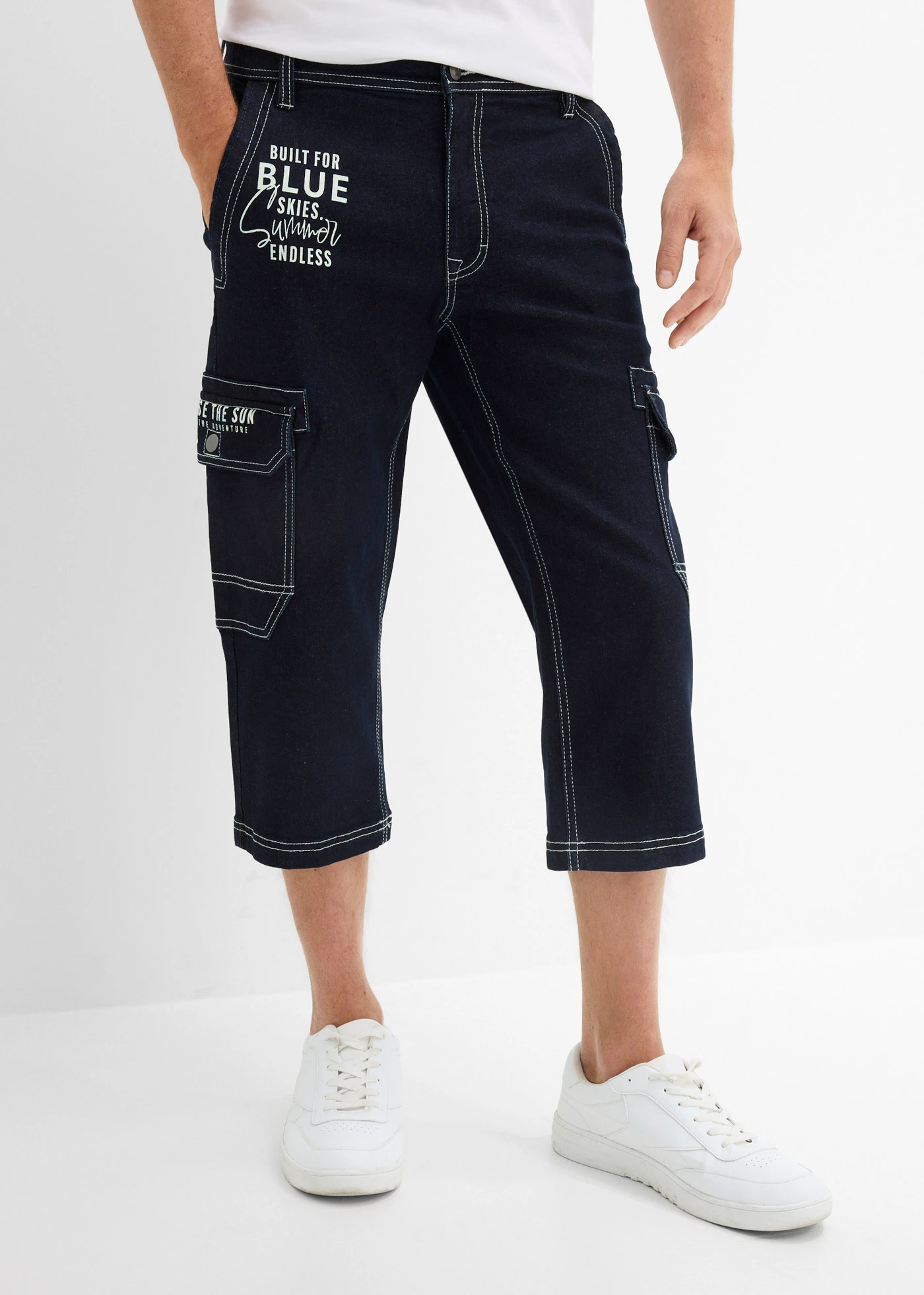 3/4-es cargo farmer elasztikus derékpánttal, Regular Fit • sötétkék denim • bonprix áruház
