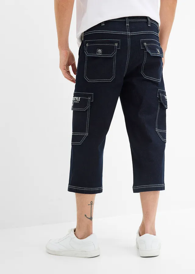 Jean cargo 3/4 regular à taille élastiquée, Couleur: bleu foncé denim