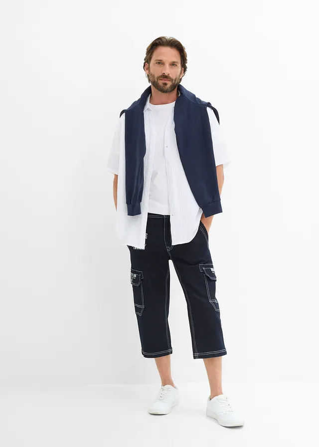Jean cargo 3/4 regular à taille élastiquée, Couleur: bleu foncé denim