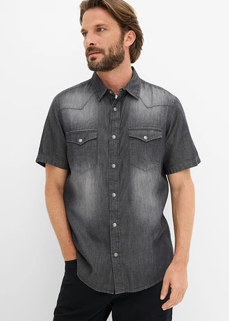 Koszula dżinsowa z czystej bawełny organicznej, krótki rękaw, slim fit, kolor: czarny "used"