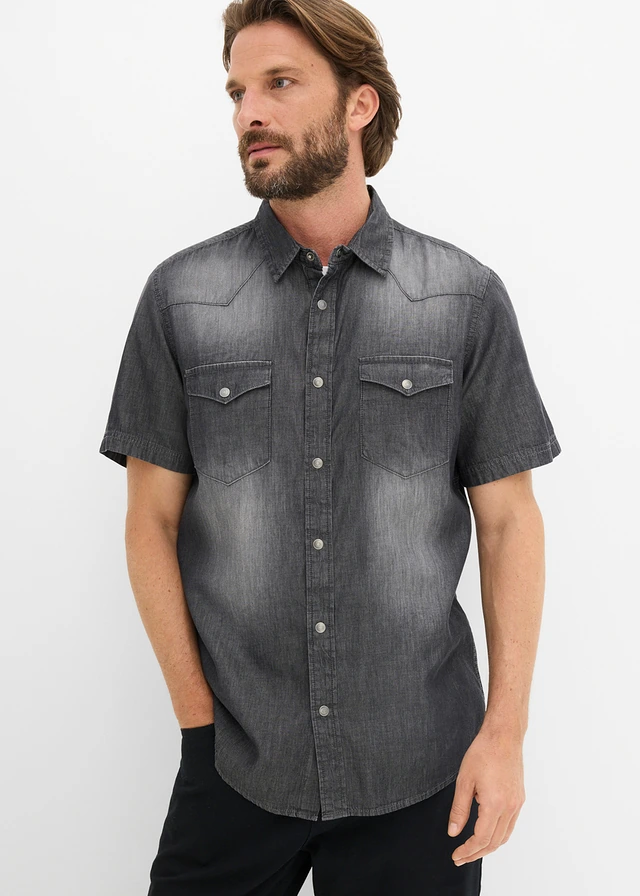 Spijkeroverhemd met korte mouw van biologisch katoen, slim fit • zwart used • product-page.page-title-suffix