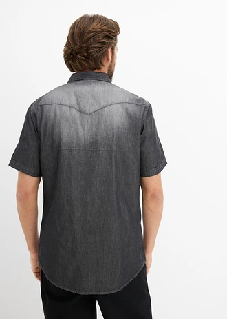 Koszula dżinsowa z czystej bawełny organicznej, krótki rękaw, slim fit, kolor: czarny "used"