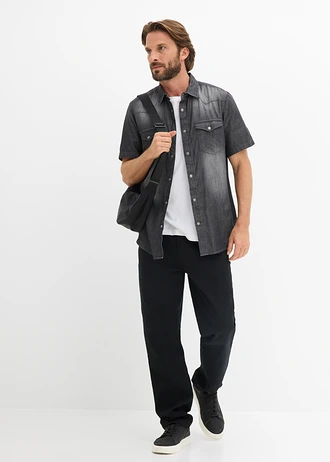 Koszula dżinsowa z czystej bawełny organicznej, krótki rękaw, slim fit, kolor: czarny "used"
