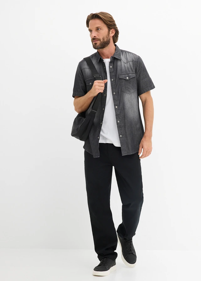 Spijkeroverhemd met korte mouw van biologisch katoen, slim fit • zwart used • product-page.page-title-suffix