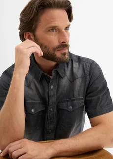 Chemise manches courtes slim en jean, 100% coton • noir used • Boutique bonprix