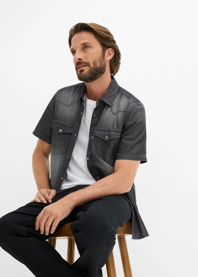 Spijkeroverhemd met korte mouw van biologisch katoen, slim fit • zwart used • product-page.page-title-suffix