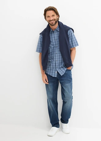 Chemise manches courtes 100% coton, Couleur: bleu fumé/bleu foncé carreaux