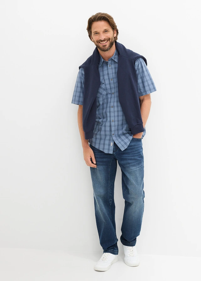 Chemise manches courtes 100% coton, Couleur: bleu fumé-bleu foncé carreaux