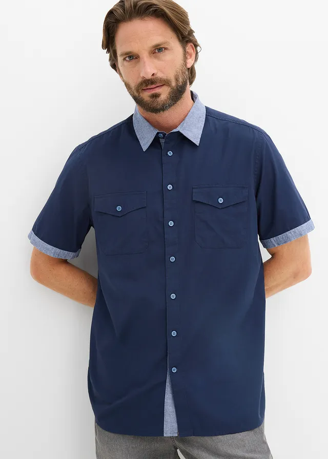 Overhemd met korte mouwen in 2-in-1-look, Kleur: donkerblauw