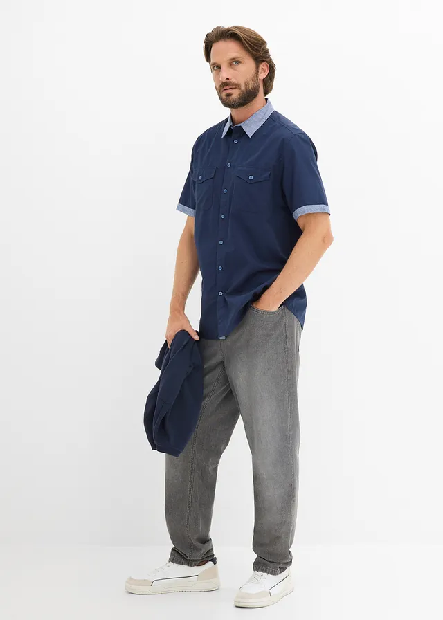 Overhemd met korte mouwen in 2-in-1-look, Kleur: donkerblauw