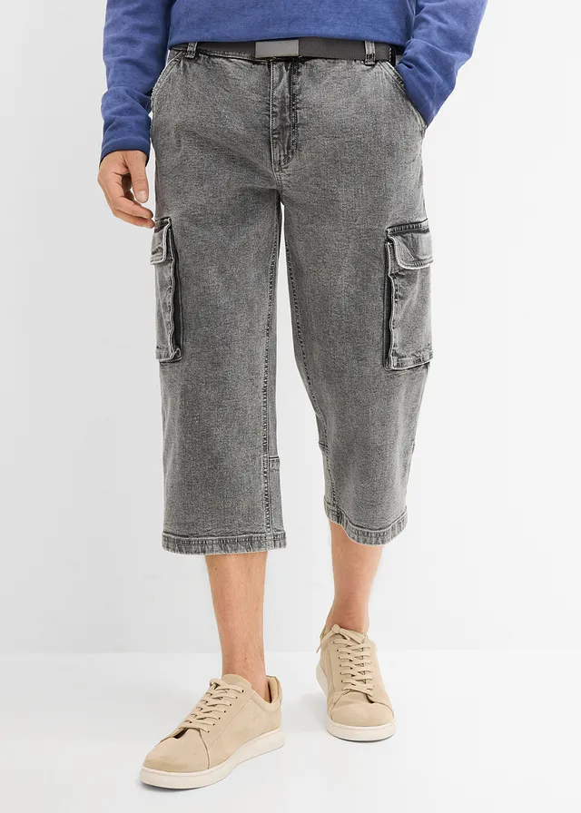 Jean 3/4 extensible avec poches cargo et ceinture, coupe loose, Couleur: gris clair denim