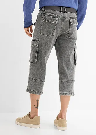 Jean 3/4 extensible avec poches cargo et ceinture, coupe loose, Couleur: gris clair denim