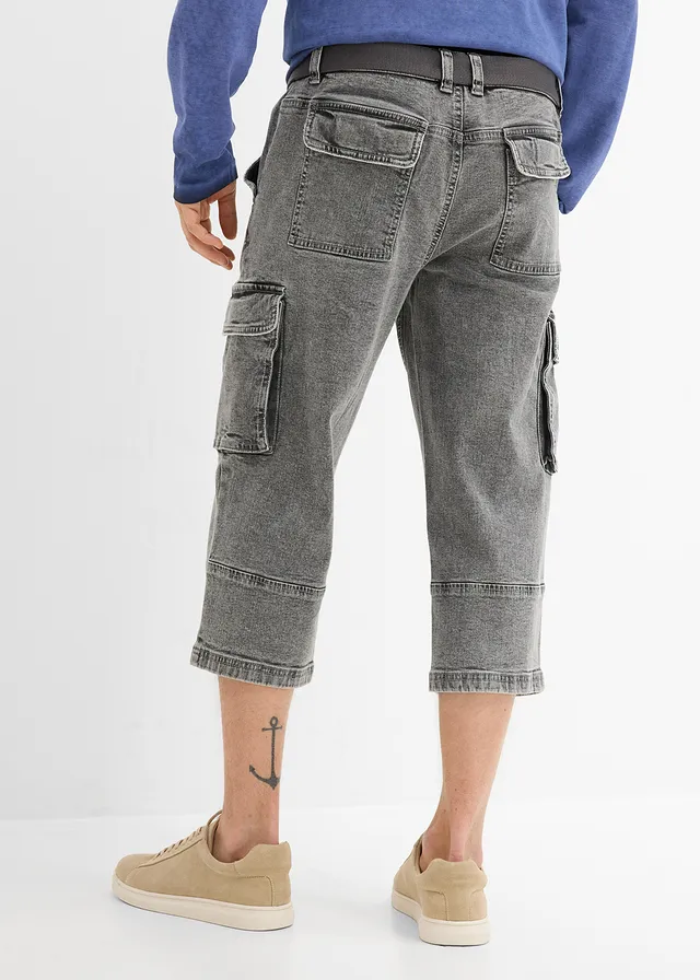 Jean 3/4 extensible avec poches cargo et ceinture, coupe loose, Couleur: gris clair denim