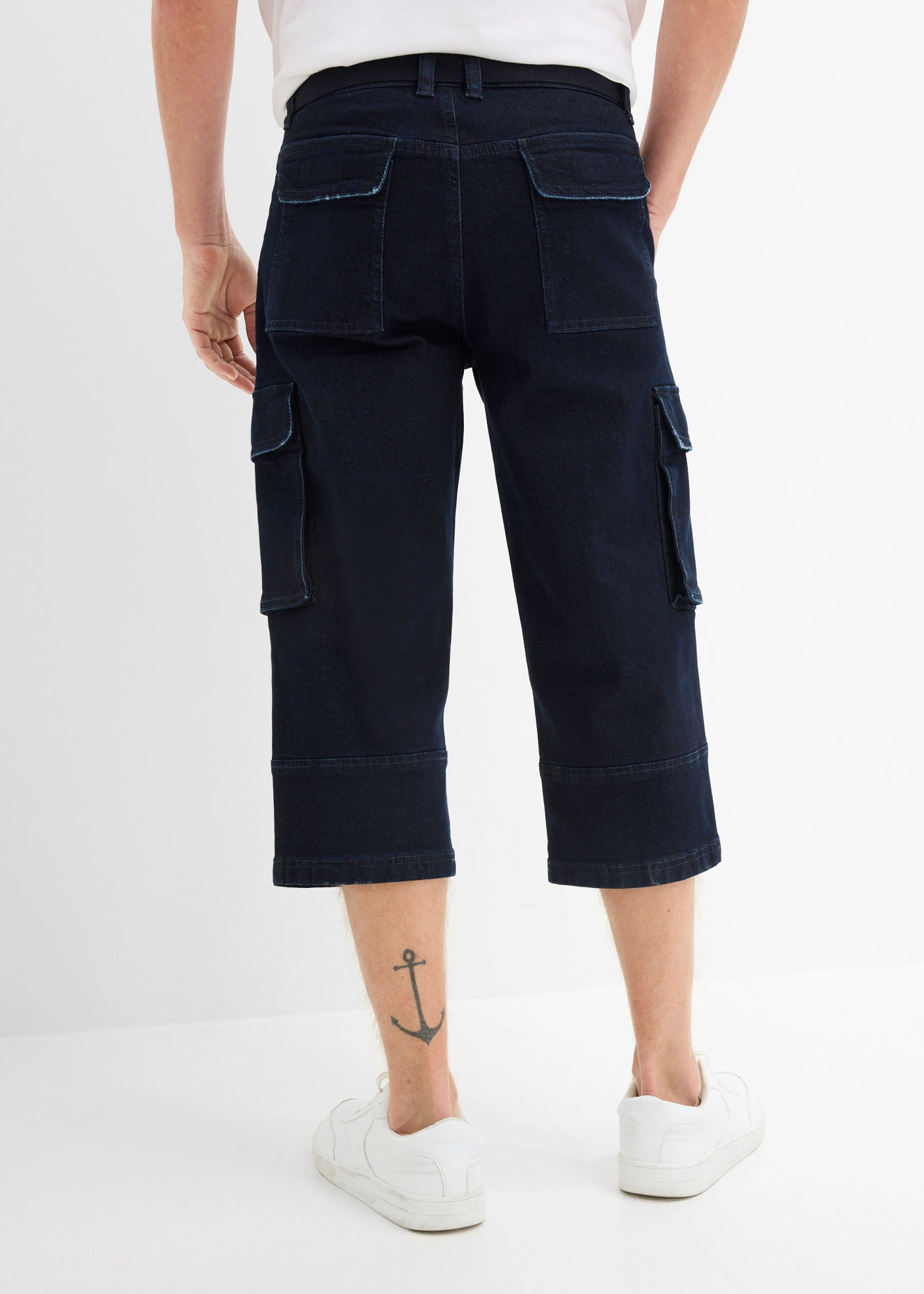 3/4-es sztreccsfarmer övvel, Relaxed Fit • sötétkék denim • bonprix áruház