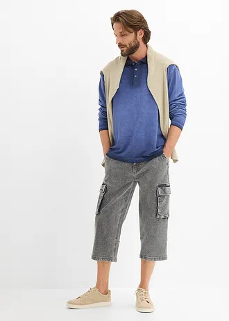 Jean 3/4 extensible avec poches cargo et ceinture, coupe loose, Couleur: gris clair denim