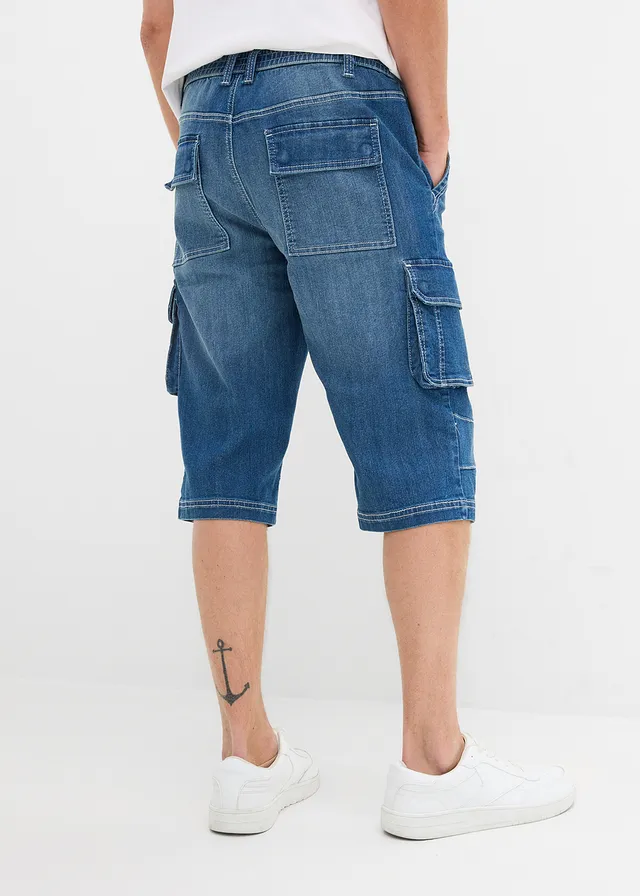 Lichte lange jeansbermuda met elastische tailleband, regular fit • blauw denim • product-page.page-title-suffix