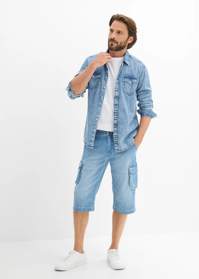 Bermuda long en jean léger à taille élastiquée, regular, Couleur: bleu clair denim