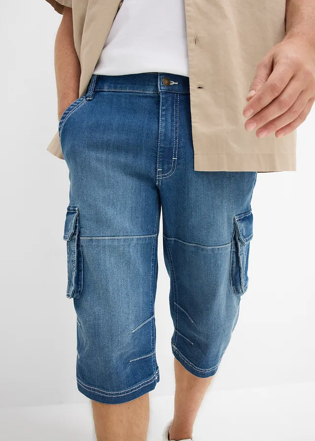 Lichte lange jeansbermuda met elastische tailleband, regular fit • blauw denim • product-page.page-title-suffix