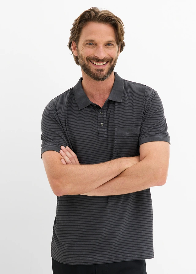 Poloshirt in gewassen look, korte mouw, Kleur: zwart/leisteengrijs gestreept