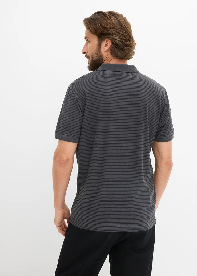 Poloshirt in gewassen look, korte mouw, Kleur: zwart/leisteengrijs gestreept