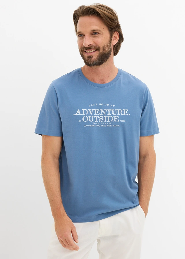 T-shirt 100% coton, Couleur: bleu jean imprimé