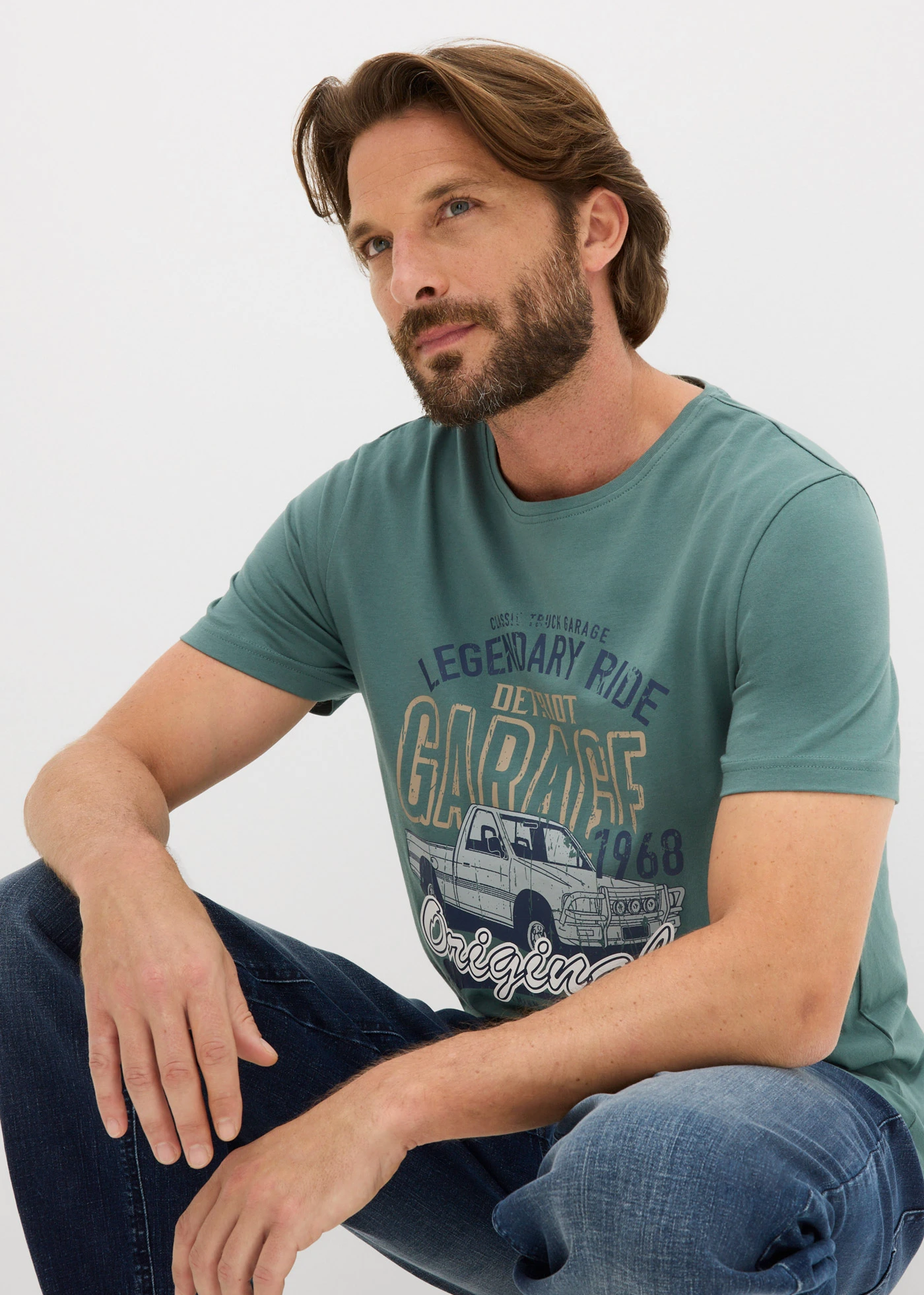 Tričko (3 ks v balení) • černá + kouřově modrá + šedozelená s potiskem • bonprix obchod