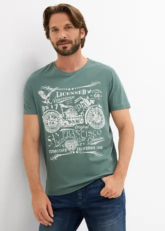 T-shirt z czystej bawełny • szarozielony z nadrukiem • sklep bonprix
