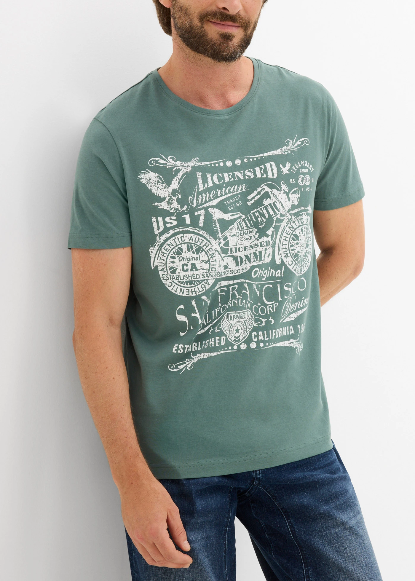 T-shirt z czystej bawełny • szarozielony z nadrukiem • sklep bonprix