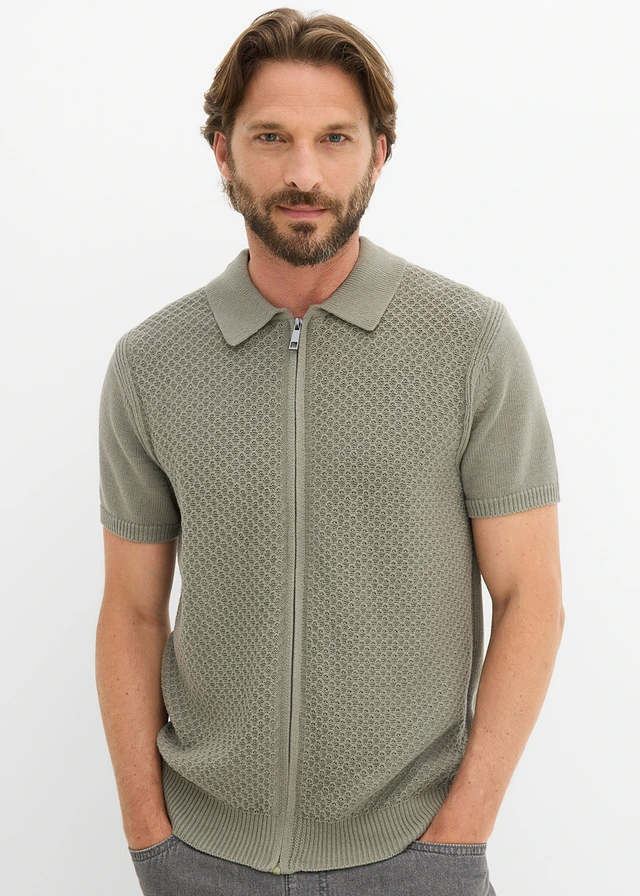 Polo zippé en maille 100% coton, Couleur: olive fumé