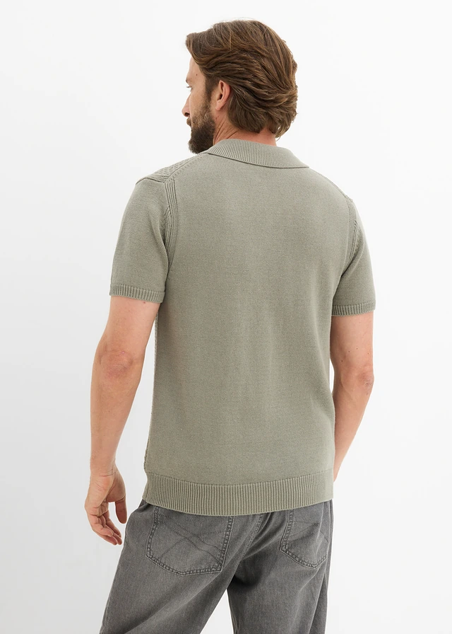 Polo zippé en maille 100% coton, Couleur: olive fumé