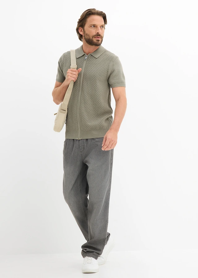 Polo zippé en maille 100% coton, Couleur: olive fumé