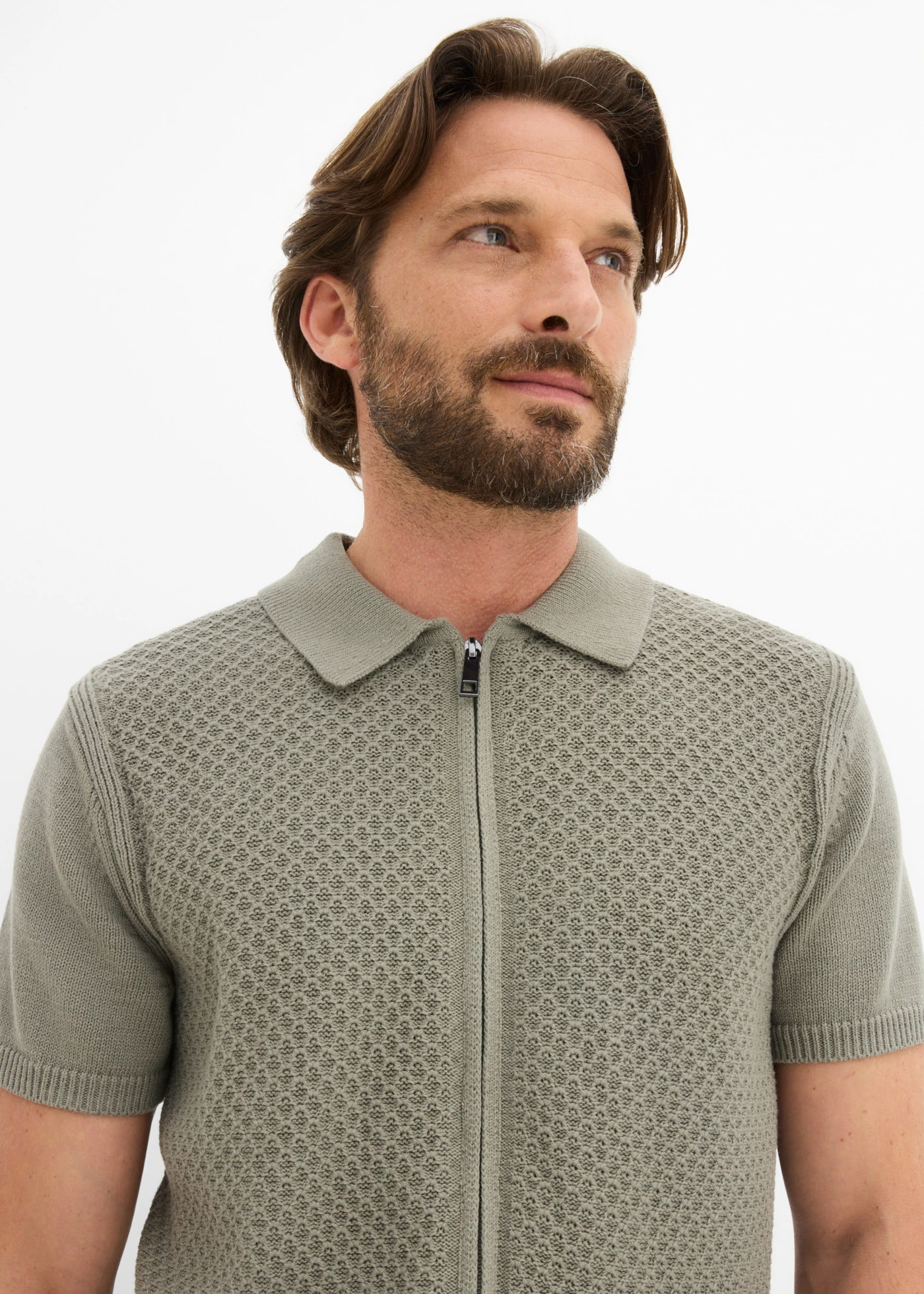 Bluză polo cu fermoar din bumbac 100% • oliv fumuriu • magazin bonprix