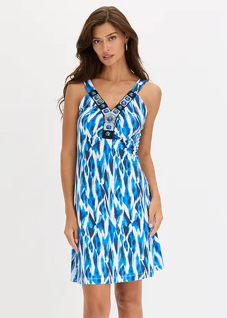 Rochie din jerse cu croială în A • albastru-azur cu imprimeu • magazin bonprix