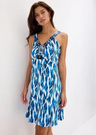 Rochie din jerse cu croială în A • albastru-azur cu imprimeu • magazin bonprix