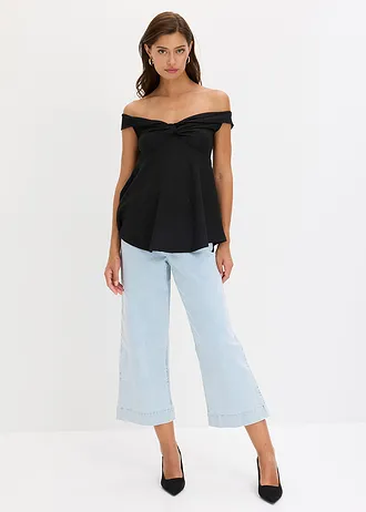 Cold shoulder shirt van gestructureerde stof, Kleur: zwart