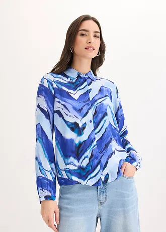 Gedessineerde blouse, Kleur: lichtblauw/edelsteenblauw/zwart gedessineerd