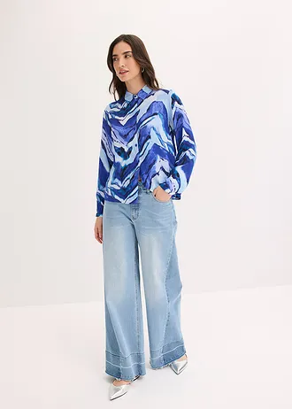 Gedessineerde blouse, Kleur: lichtblauw/edelsteenblauw/zwart gedessineerd