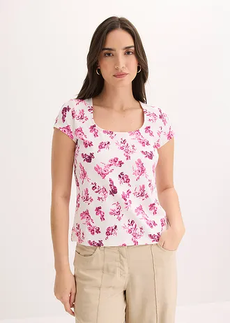 Shirt van elastisch katoen, Kleur: roze-wolwit gebloemd