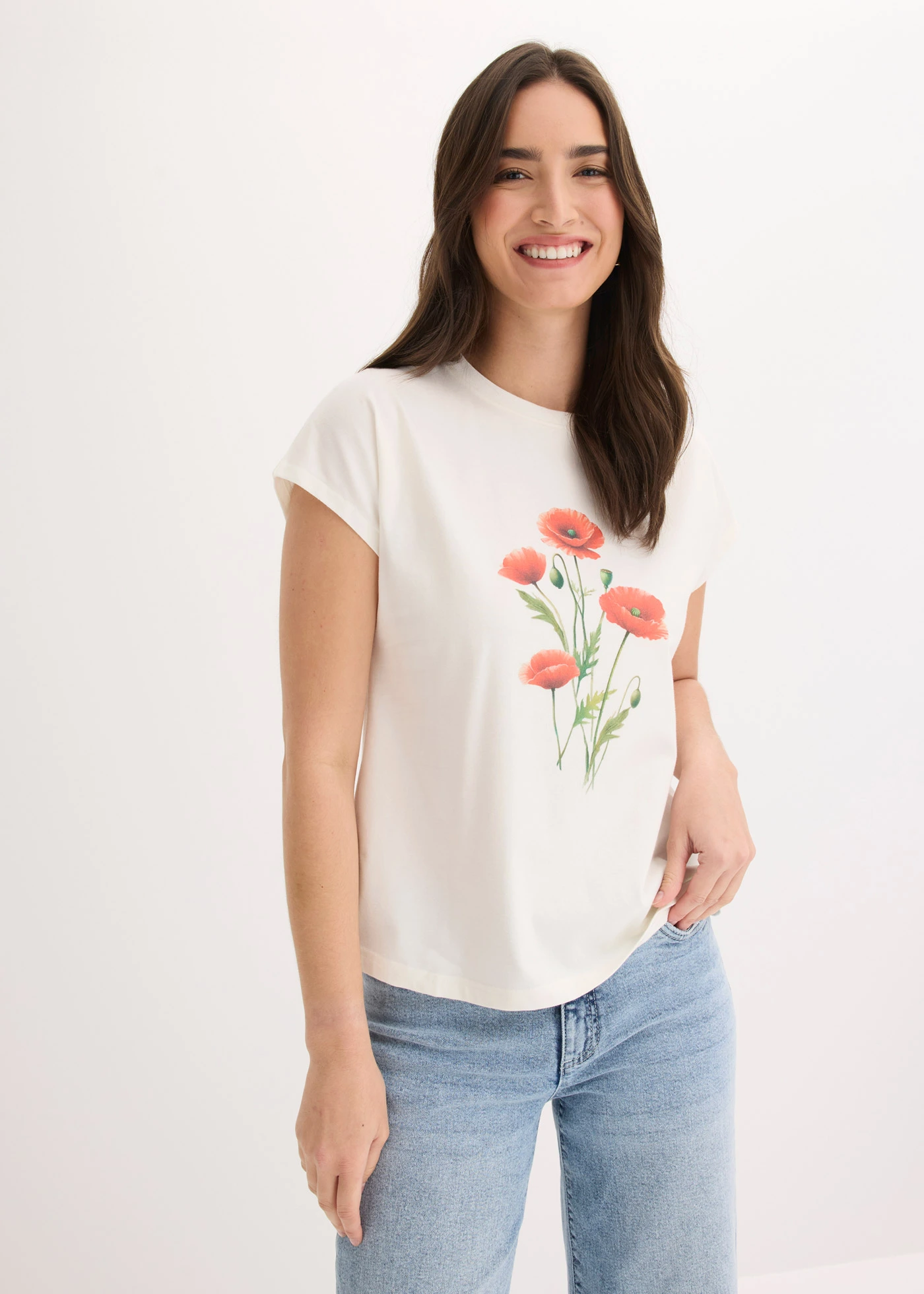T-shirt en coton extensible • écru floral • Boutique bonprix