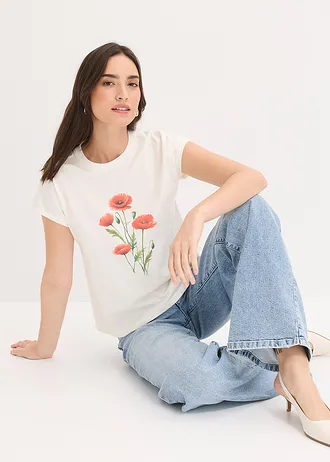 Bluză din material elastic cu bumbac • ecru înflorat • magazin bonprix