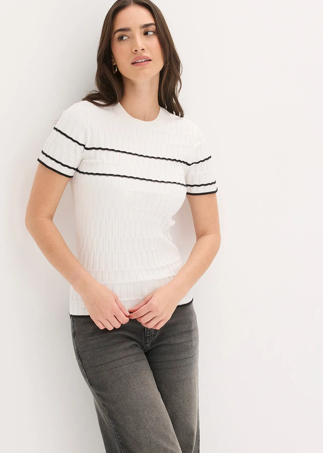 Pulover cu mânecă scurtă din material cu bumbac • ecru/negru dungat • magazin bonprix