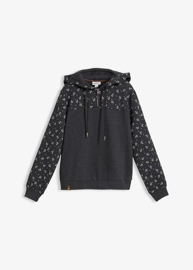 Sweat à capuche et col zippé, 100% coton • anthracite chiné/écru • Boutique bonprix