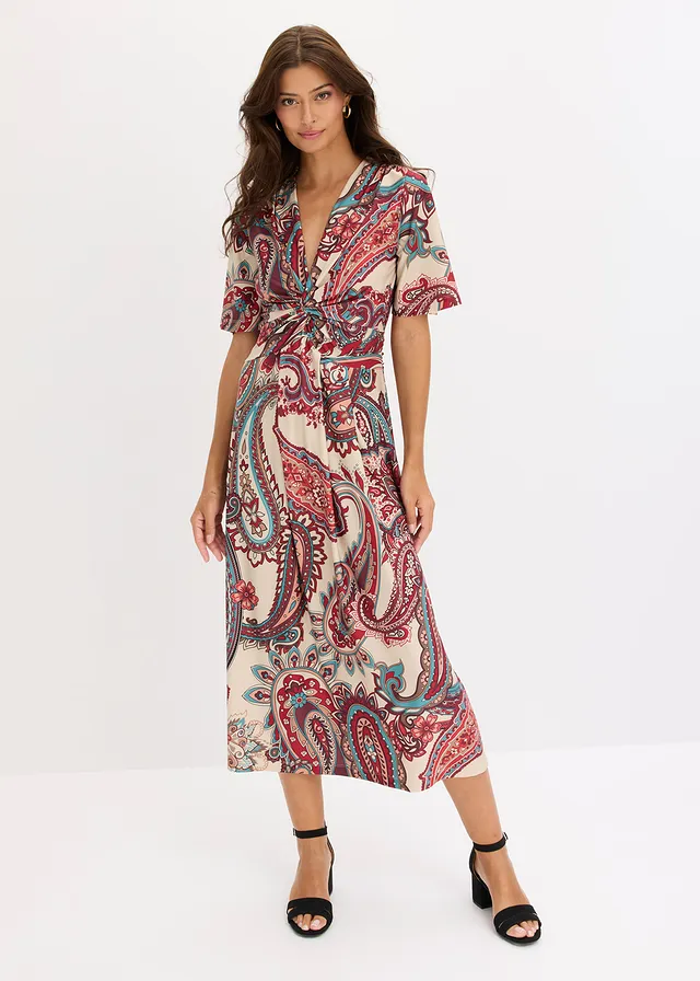 Midi jurk in wikkellook, Kleur: lichtsand paisley