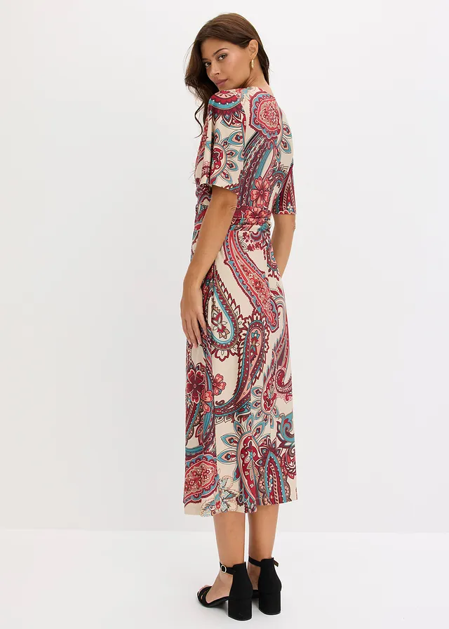 Robe midi, style portefeuille, Couleur: sable clair paisley