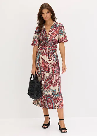 Midi jurk in wikkellook, Kleur: lichtsand paisley