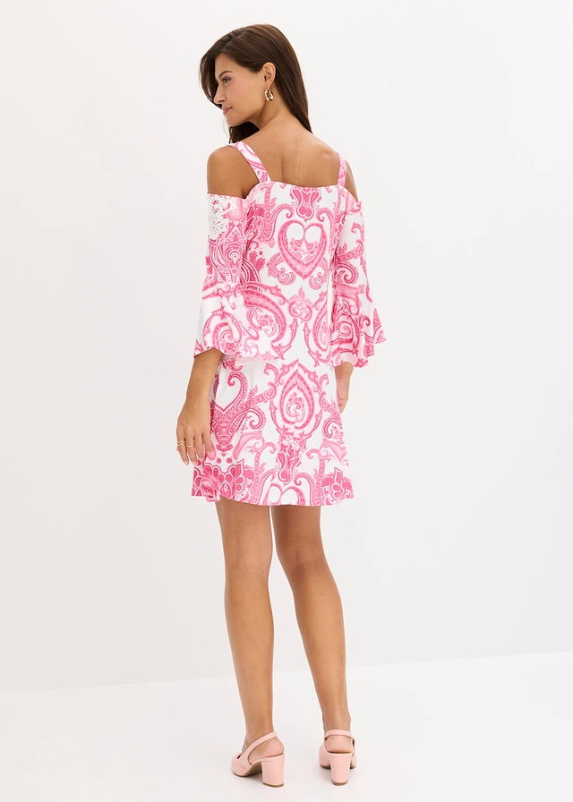 Wijd uitlopende carmen jurk, Kleur: pinklady/wit paisley