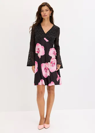 Rochie din jerse cu dantelă, culoare: negru floral