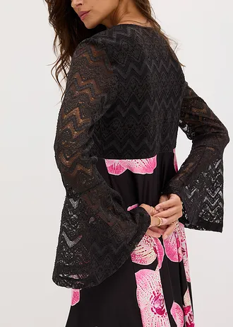 Jersey jurk met kant • zwart gebloemd • bonprix online shop