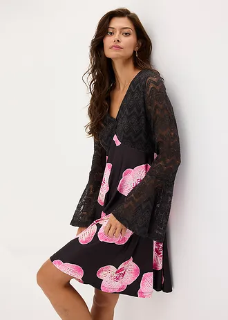 Robe en jersey à dentelle • noir floral • Boutique bonprix